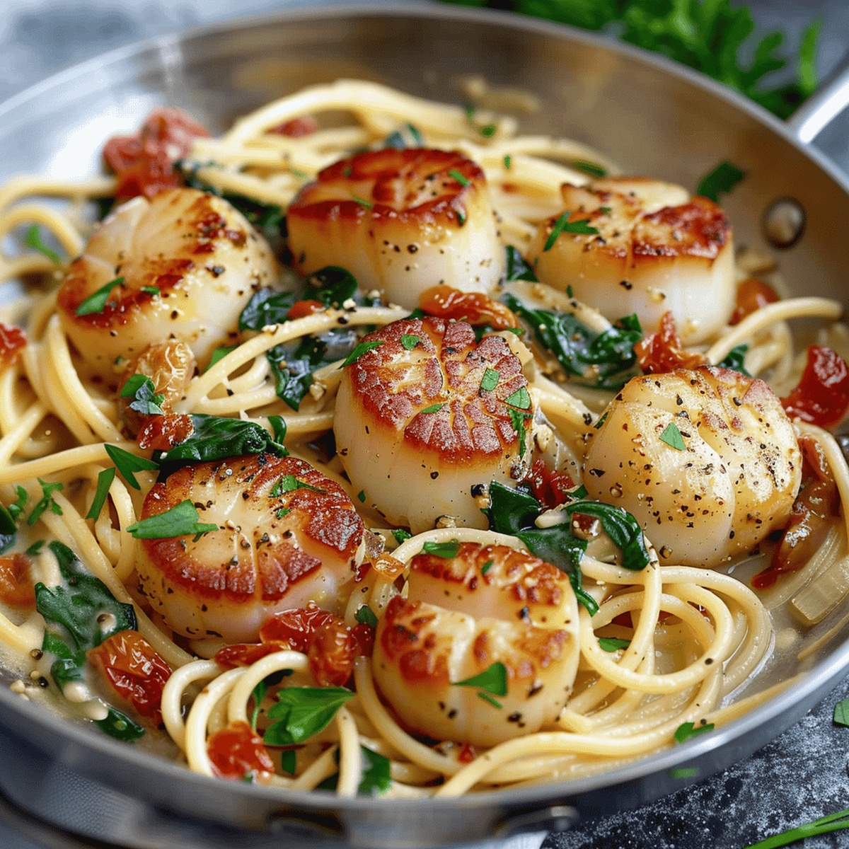 Creamy Tuscan Spaghetti with Jumbo Scallops Recipe