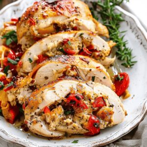 Savory Stuffed Chicken with Asiago and Roasted Peppers Recipe
