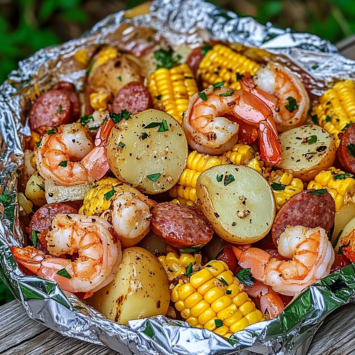 Sizzling Shrimp, Corn, Potatoes, And Smoked Sausage Foil Pack Recipe