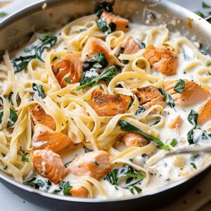 Creamy Salmon Pasta with Mixed Greens Recipe