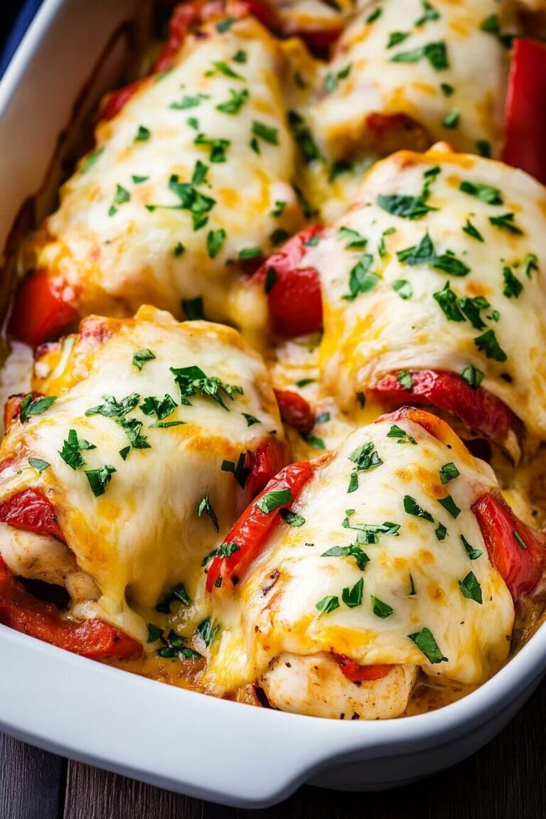 Tender Cheesy Baked Chicken and Peppers Recipe