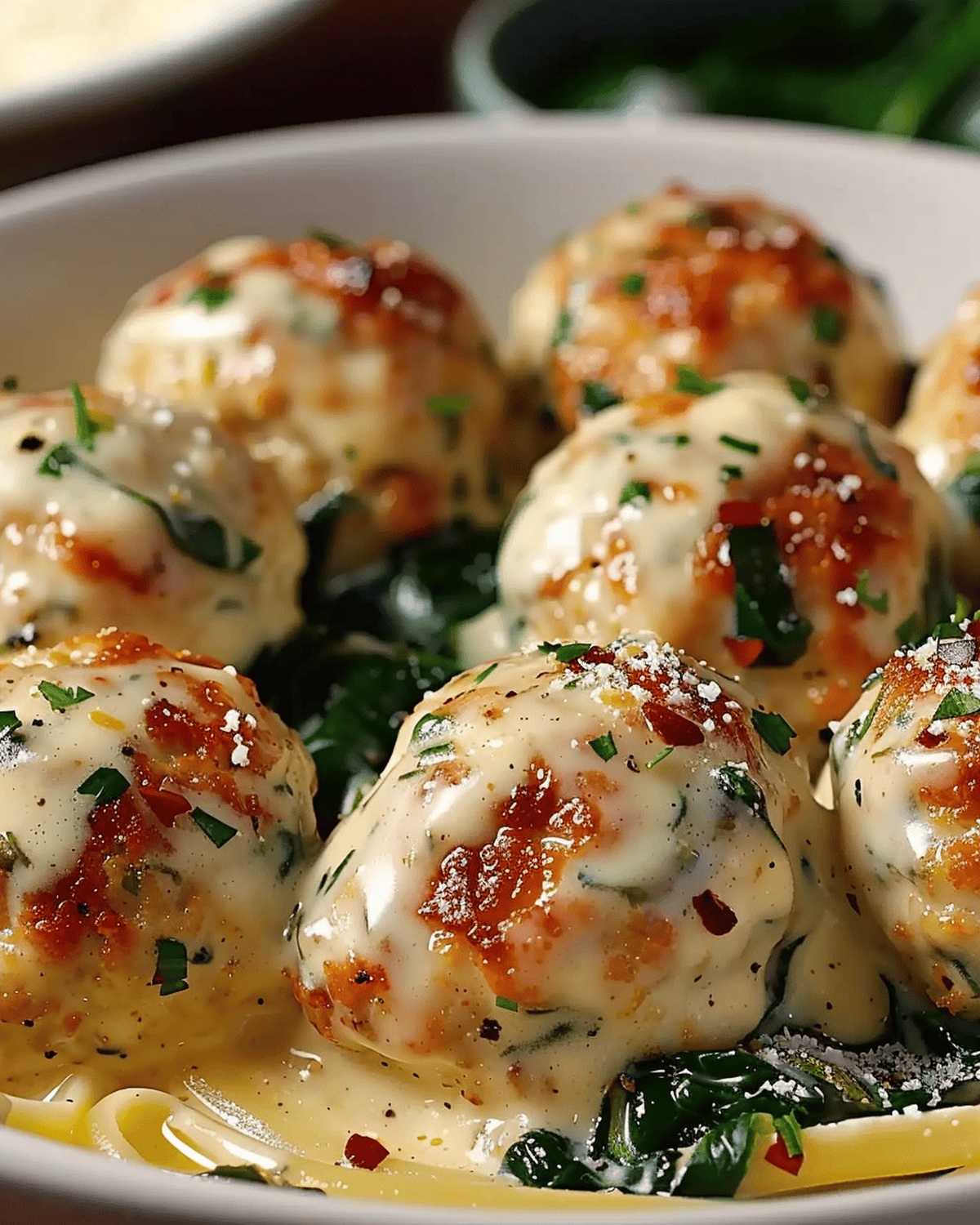 Hearty Chicken Ricotta Meatballs with Spinach Sauce Recipe