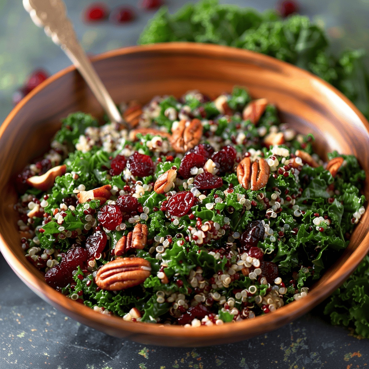 Cranberry Kale Quinoa Salad with Candied Pecans and Feta Recipe