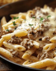 Savory Cheesy Penne with Beef and Garlic Recipe