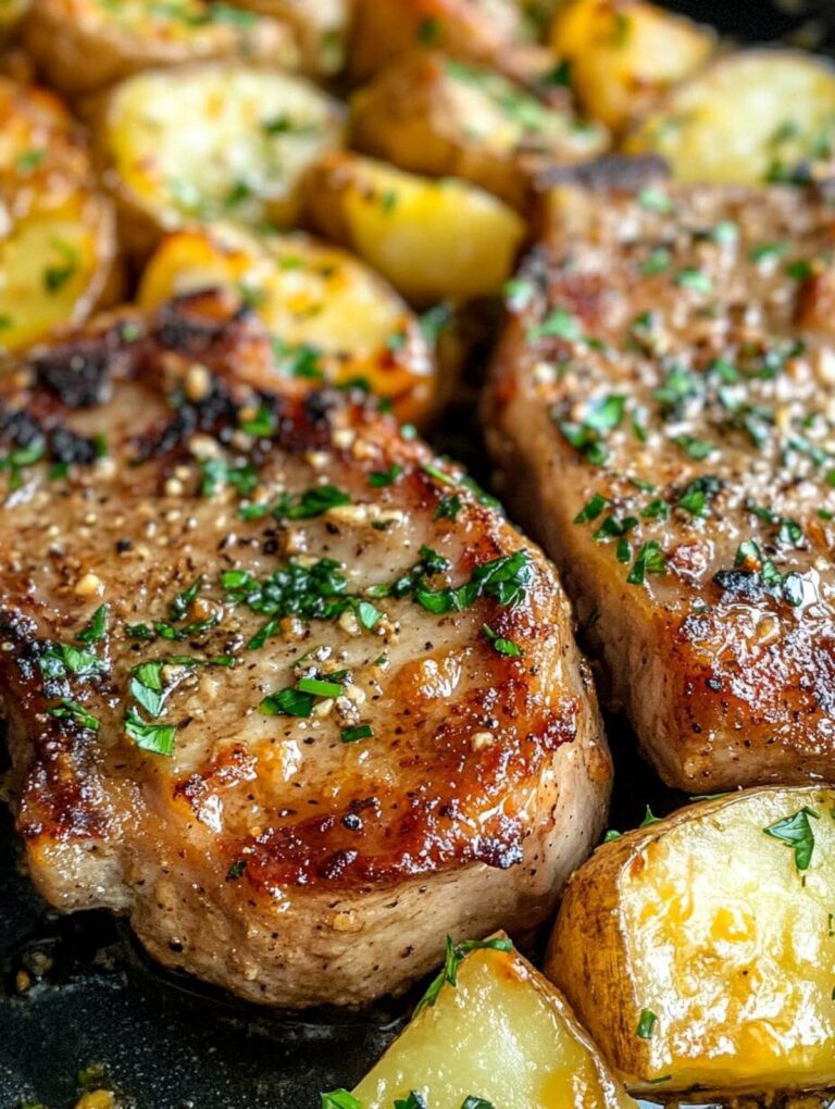 Crispy Garlic Butter Pork Chops with Cheesy Potato Bake Recipe