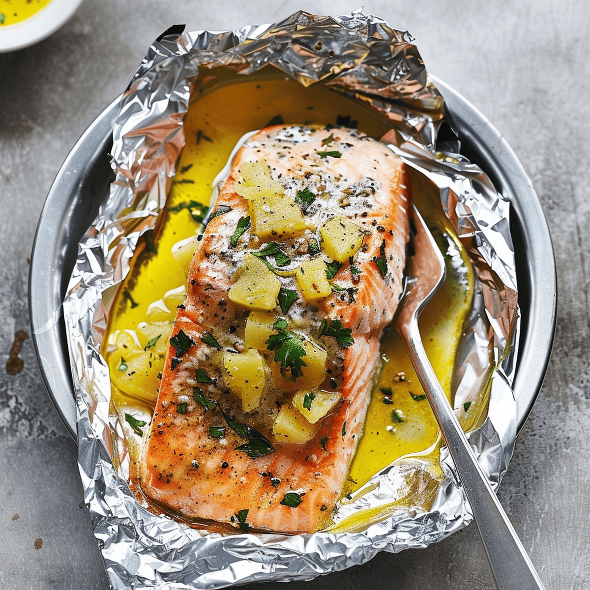 Salmon Foil Packets with Pineapple and Lemon Garlic Butter Sauce Recipe